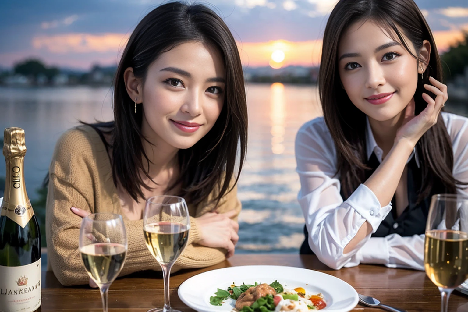 ((Highest quality、8k、masterpiece:1.3))、Slim Couple、Model Couple、(Realistic, Intricate details:1.2), full-course dinner、wine 、Amazing view of the sunset sky and clouds、A bright smile、The wonderfulness of smiles、Bright image、wineの美しさ, Beautiful Face, blue eyes, The light shines on your face, blush, short hair,Bright Face、 (Age 35), 38 years old, 赤wine 、Appetizers、Italian food、wine bottle、Champagne、スパークリングwine、Two beauties、Brown Hair、Shortcuts、Long sleeve shirt、dress、Two beautiful women