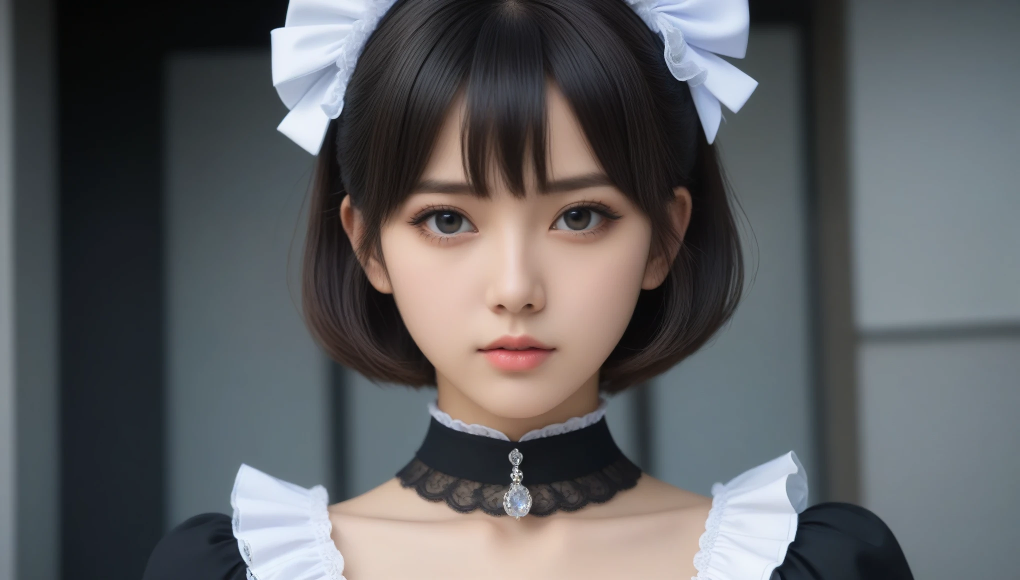 8k, Ultra-high resolution, Highest quality, masterpiece, 三分割法によるphotograph,Surreal, photograph, 1 Girl, (:1.3), pretty girl, Cute Face, Beautiful eyes in every detail, 細かくdetailedに,masterpiece,One Girl:1.2,Japanese female announcer,extream close up,Serious expression,Black short hair,Messy hair,Maid Android,((Fusion of Gothic Lolita and La fashion:1,bracelet, chest, choker, clavicle, Earrings,Futuristic cityscape ,Perfect and beautiful face ,完璧でCute Face, Skin with attention to detail, Perfect limbs、Narrow waist,Looking at the audience,(((Ideal body type))),Aカップの小さなchest :2,Portraiture:2,Perfect Anatomy,鮮明なdetailed,detailed,Surreal,Light and shadow,spotlight