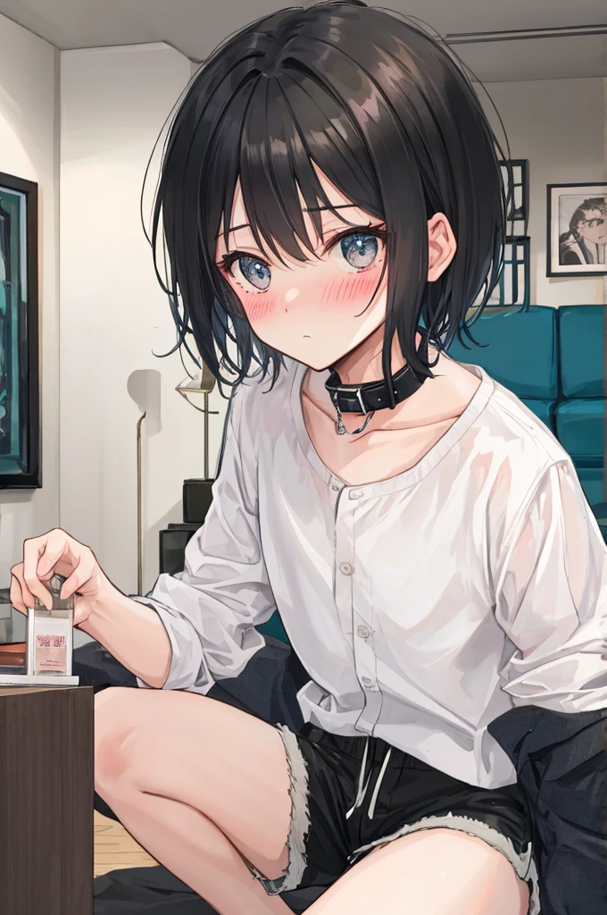 A man,Black short hair,Adult men,Collar,shirt,shorts,Detailed modern living room background,endure,(blush),