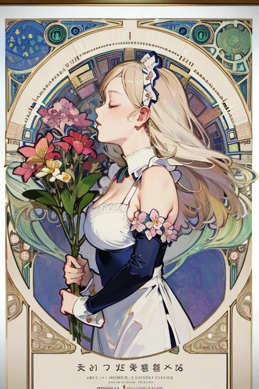 poster,(by mucha:1.2),((art deco, Botanical Art, Floral Art)),(floral:1.2),lily flower,
(masterpiece, highest quality),(vibrant colors, colorful),(amazing details, detailed background),anatomically correct, Accurate drawing, Detailed drawing, high-class sense, long hair:1.6, white hair, Cold Shoulder, closed eyes, (Open-chested maid outfit:1.5), big breasts, holding a flower in hand, Profile