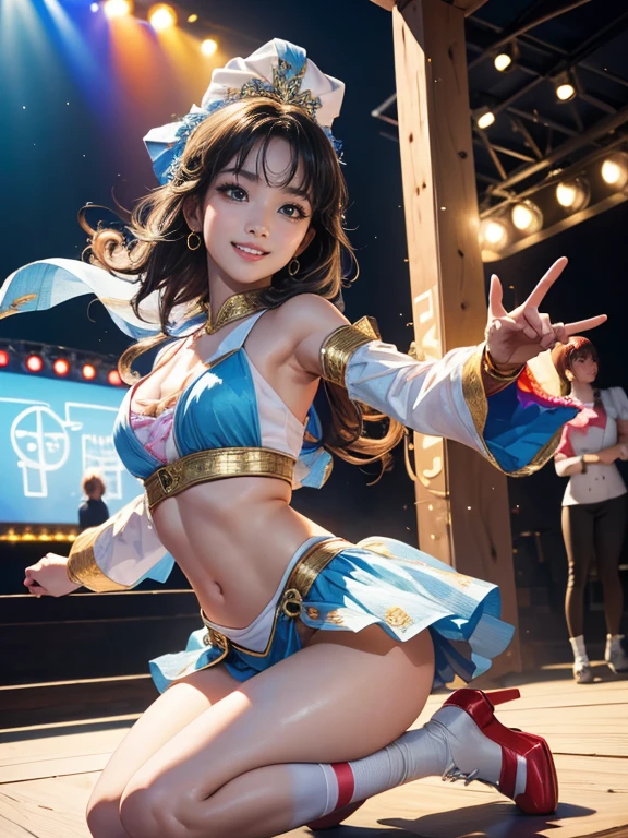 ((masterpiece、Highest quality、Detailed illustrations))、Idol Concert、Japanese-style concert stage、(全裸のcute女の子5人以上、sing、dance、smile、Ribbon headband、Japanese style kunoichi costume:1.3 )、((Pussy、cute))、Exposing the breasts、Hair of different colors、Mr.々Hair style、The overall scene should be vibrant and attractive.、(Sweat a lot、Glowing Skin)、Anime key visual, ((The characters are unique))