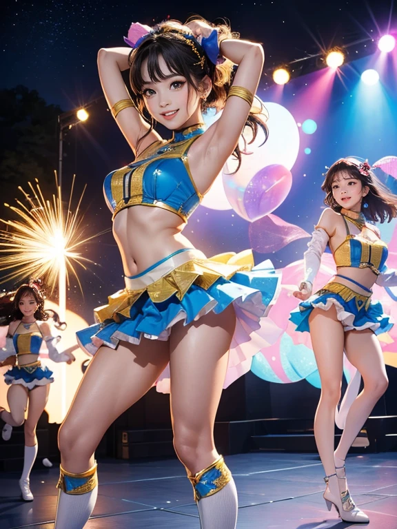 (Highest quality、 8k 、masterpiece、High resolution)、(Dancer)、Full Body Shot、 girl、Idol Group、cute、Dancing with a smile、Outdoor Stage、AKB48 Costumes、Realistic、Official Art、Detailed CG、Professional Lighting、Professional photographer、(Depth of written boundary:1.3)、