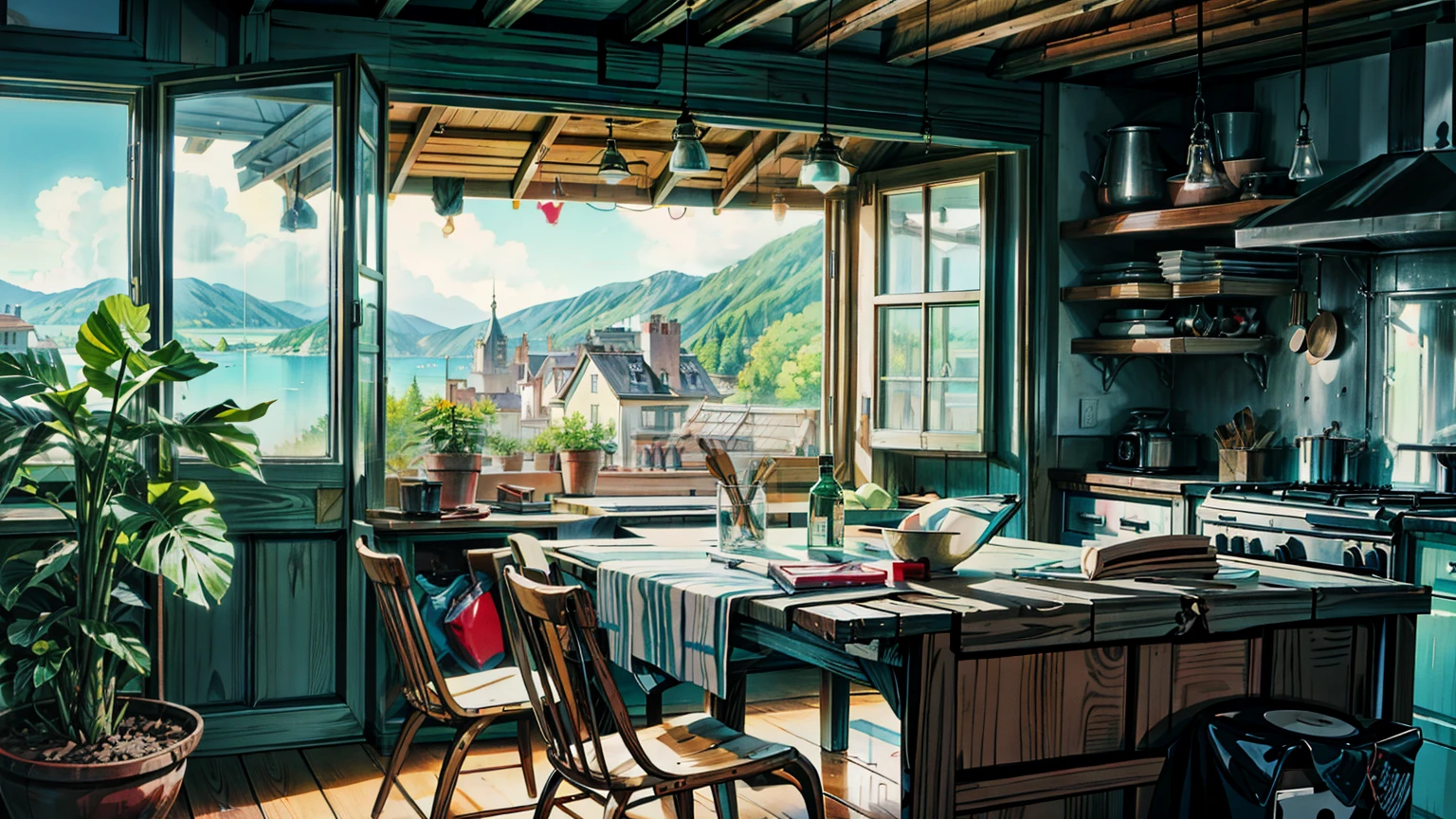 Picture of a kitchen with a table and chairs, anime. by makoto shinkai, by makoto shinkai, by makoto shinkai, Makoto Shinkai. Attention to detail, ( ( Makoto Shinkai ) ), studio glibly Makoto Shinkai, Makoto Shinkai. —h 2160, too much growth. by makoto shinkai,  4k hd,, Beautiful Art UHD 4K, Beautiful artwork illustration, Beautiful digital painting, Highly detailed digital painting, Beautiful digital art, Detailed painting 4k, Highly detailed digital painting, Rich, picturesque colors, Gorgeous digital painting