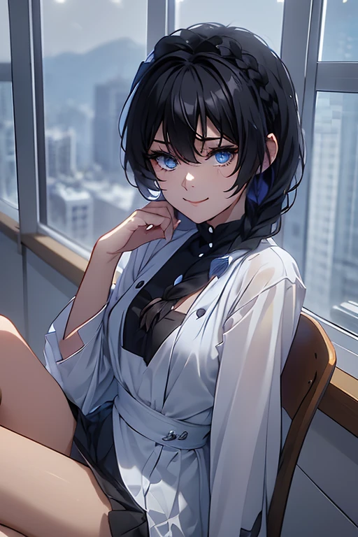 Black-haired girl, braided hair styles, Short hair, very special hair style, fascinating hair style, Elegant hair, captivating blue eyes, fascinating face, Exhausted face, Ahegao, a charming smile, white eyelashes, in the classroom, Single, holding a sword in his right hand