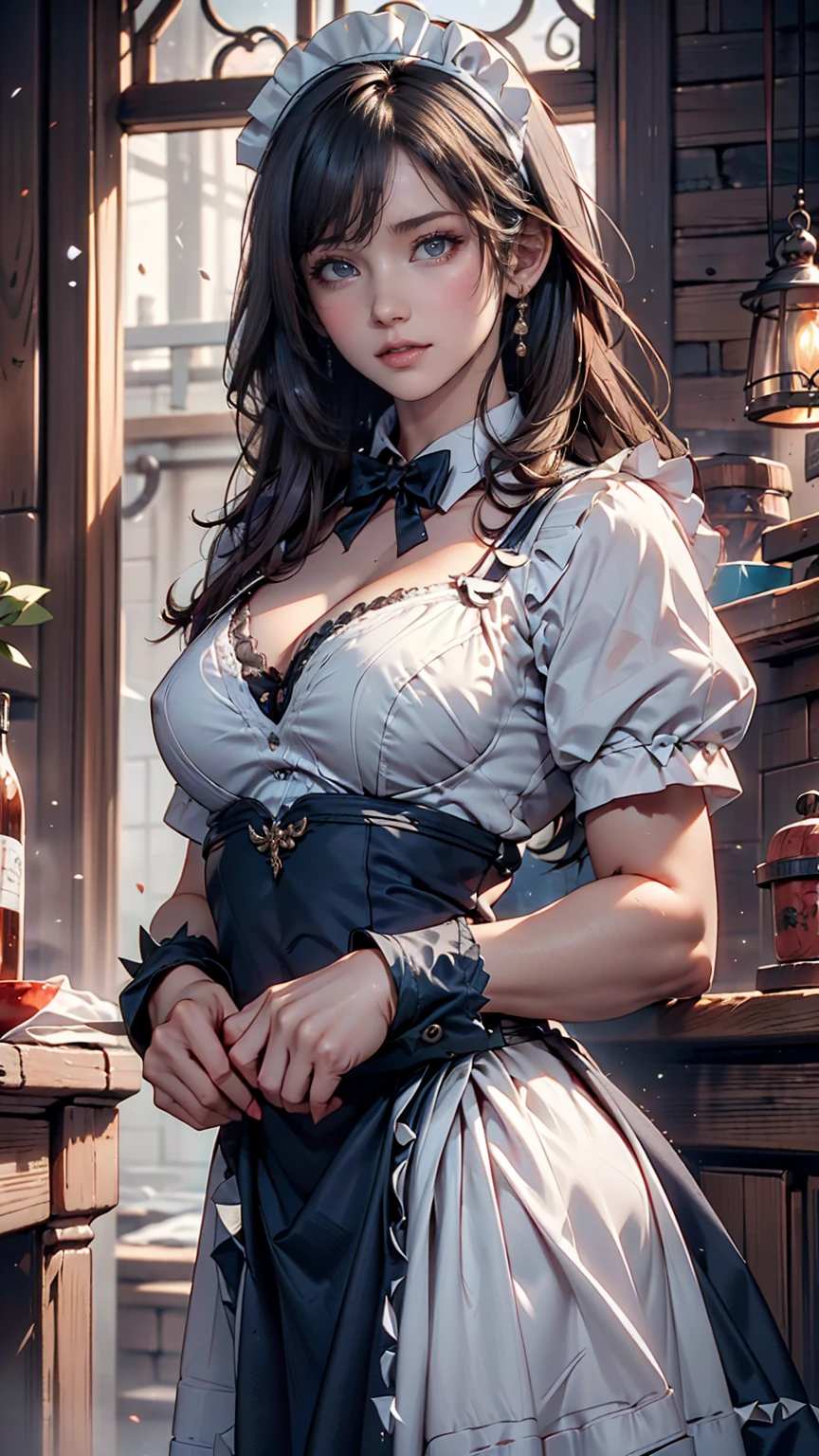 ((16 nights of divorce)), ((Oriental Project)), Cosplay, 20-year-old woman, (((Gray Hair)), ((Medium Spiky Hair)), ((Blue maid outfit)), ((White blouse)), Center of chest, (Light)))), (Pause))), (Photorealistic photography: 1.3), rim Lighting, (Skin with attention to detail:1.2), 8k ウルトラHD, Digital SLR, high quality, High resolution, 4K, 8k, Bokeh, Absurd, The optimal ratio is four fingers to one thumb, (Genuine:1.3), The cutest girl 1, Lots of knives