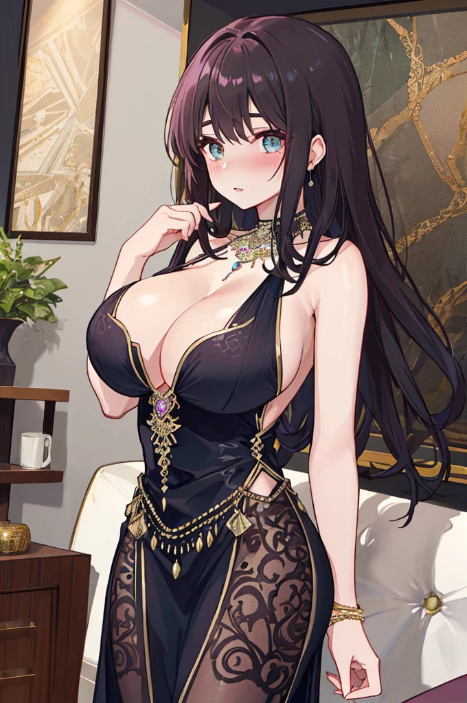 (A woman with big tits)，Gorgeous young girl，clavicle，Protruding and smooth breasts，Gemstone Necklace，halterneck，Intricate details，Beautifully，Charm，Detailed modern living room background，endure，(blush)，