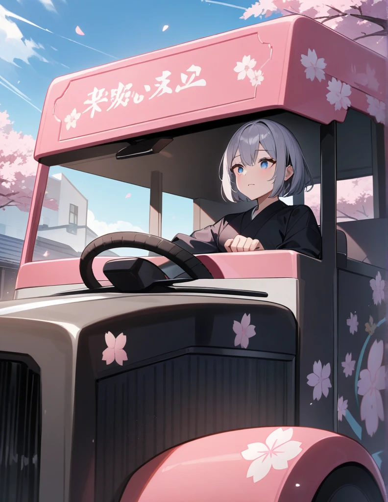 Blue sky, cherry blossom decorated truck, gray short hair, driving, black kimono masterpiece, High resolution, Highest quality,
