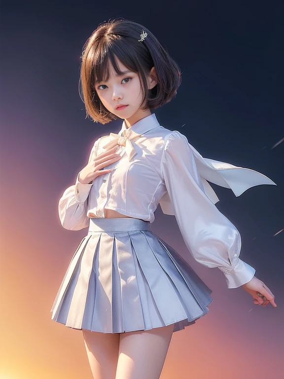 (masterpiece、Highest quality:1.7)、(12 years old:1.5)、(Full body shot:1.5)、Bobcut、Black Hair、85mm、16K、Official Art、RAW Photos、Best Beautiful Faces、Close-up、Violet、Gardenia、((The best beautiful girl、very cute))、Red blush on cheeks、((In the office))、(Are standing:1.8)、Film Grain、Chromatic Aberration、Sharp Focus、(((Nice hands、Perfect hands、Perfect Fingers、Thin and delicate fingers、A perfect body without flaws)))、Detailed face、(Slender body:1.5)、(Slender body:1.3)、(Slim upper body:1.2)、(Small and flat bust:1.7)、(Narrow thighs:1.3)、(Let your bangs hang down:1.8)、(Blushing:1.8)、(Low contrast lighting:1.4)、(襟t付きのwhiteタイトビジネスシルクブラウス:1.5)、((white)Bowtie blouse:1.5)、(Long sleeve: 1.4)、(The length is very short(white)Pleated silk mini skirt:1.7)、(whiteスクールソックス:1.5),(Cover your chest with your palms:1.7),(The wind is blowing up her skirt:1.8),(Low angle from below:1.6),Buckshot), Ass Focus, 