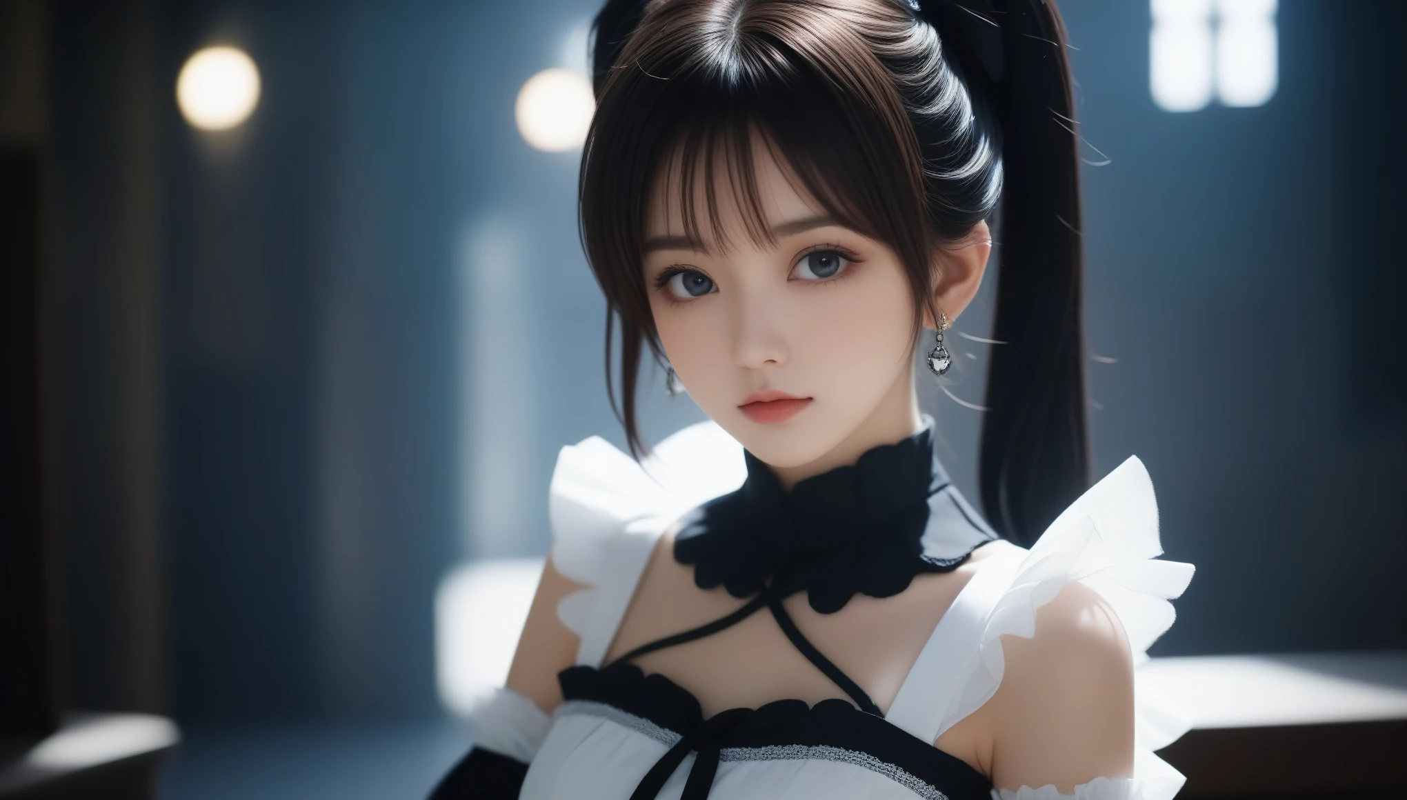 8k, Ultra-high resolution, Highest quality, masterpiece, 三分割法によるphotograph,Surreal, photograph, 1 Girl, (16 years old:1.3), pretty girl, Cute Face, Beautiful eyes in every detail, 細かくdetailedに,masterpiece,One Girl:1.2,Japanese female announcer,extream close up,Serious expression,Black short hair,Messy hair,Maid Android,((Fusion of Gothic Lolita and Lolita fashion:1.3)),bracelet, chest, choker, clavicle, Earrings,Futuristic cityscape ,Perfect and beautiful face ,完璧でCute Face, Skin with attention to detail, Perfect limbs、Narrow waist,Looking at the audience,(((Ideal body type))),Aカップの小さなchest :2,Portraiture:2,Perfect Anatomy,鮮明なdetailed,detailed,Surreal,Light and shadow,spotlight