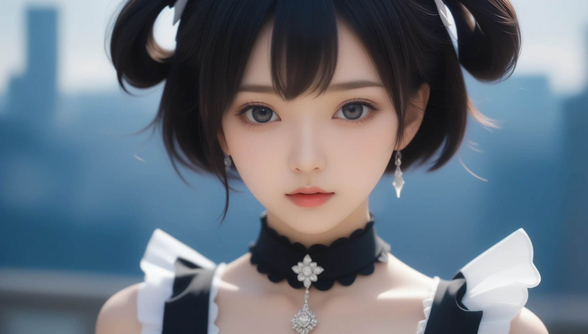 8k, Ultra-high resolution, Highest quality, masterpiece, 三分割法によるphotograph,Surreal, photograph, 1 Girl, (:1.3), pretty girl, Cute Face, Beautiful eyes in every detail, 細かくdetailedに,masterpiece,One Girl:1.2,Japanese female announcer,extream close up,Serious expression,Black short hair,Messy hair,Maid Android,((Fusion of Gothic Lolita and La fashion:1,bracelet, chest, choker, clavicle, Earrings,Futuristic cityscape ,Perfect and beautiful face ,完璧でCute Face, Skin with attention to detail, Perfect limbs、Narrow waist,Looking at the audience,(((Ideal body type))),Aカップの小さなchest :2,Portraiture:2,Perfect Anatomy,鮮明なdetailed,detailed,Surreal,Light and shadow,spotlight