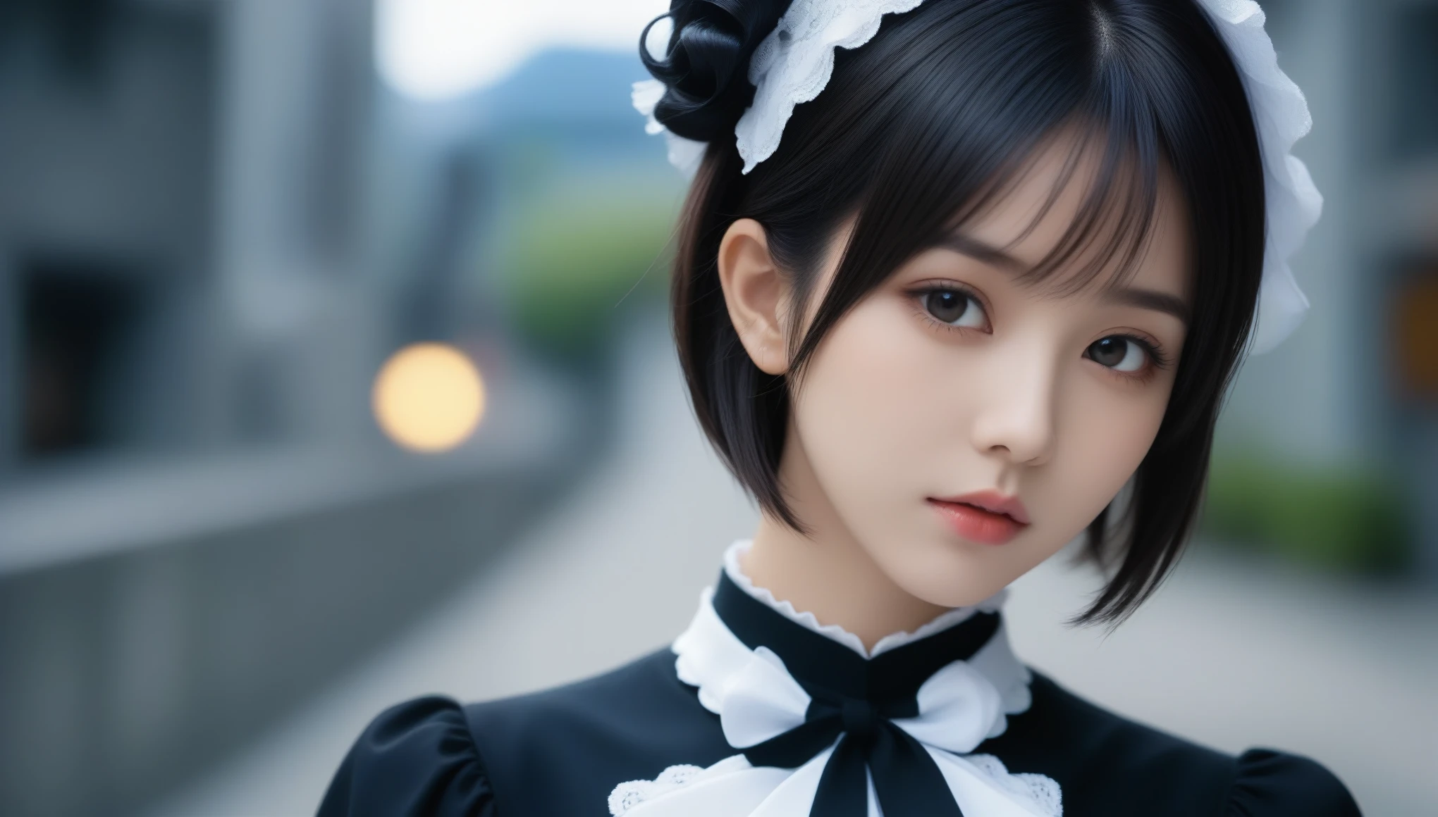 8k, Ultra-high resolution, Highest quality, masterpiece, 三分割法によるphotograph,Surreal, photograph, 1 Girl, (:1.3), pretty girl, Cute Face, Beautiful eyes in every detail, 細かくdetailedに,masterpiece,One Girl:1.2,Japanese female announcer,extream close up,Serious expression,Black short hair,Messy hair,Maid Android,((Fusion of Gothic Lolita and La fashion:1,bracelet, chest, choker, clavicle, Earrings,Futuristic cityscape ,Perfect and beautiful face ,完璧でCute Face, Skin with attention to detail, Perfect limbs、Narrow waist,Looking at the audience,(((Ideal body type))),Aカップの小さなchest :2,Portraiture:2,Perfect Anatomy,鮮明なdetailed,detailed,Surreal,Light and shadow,spotlight