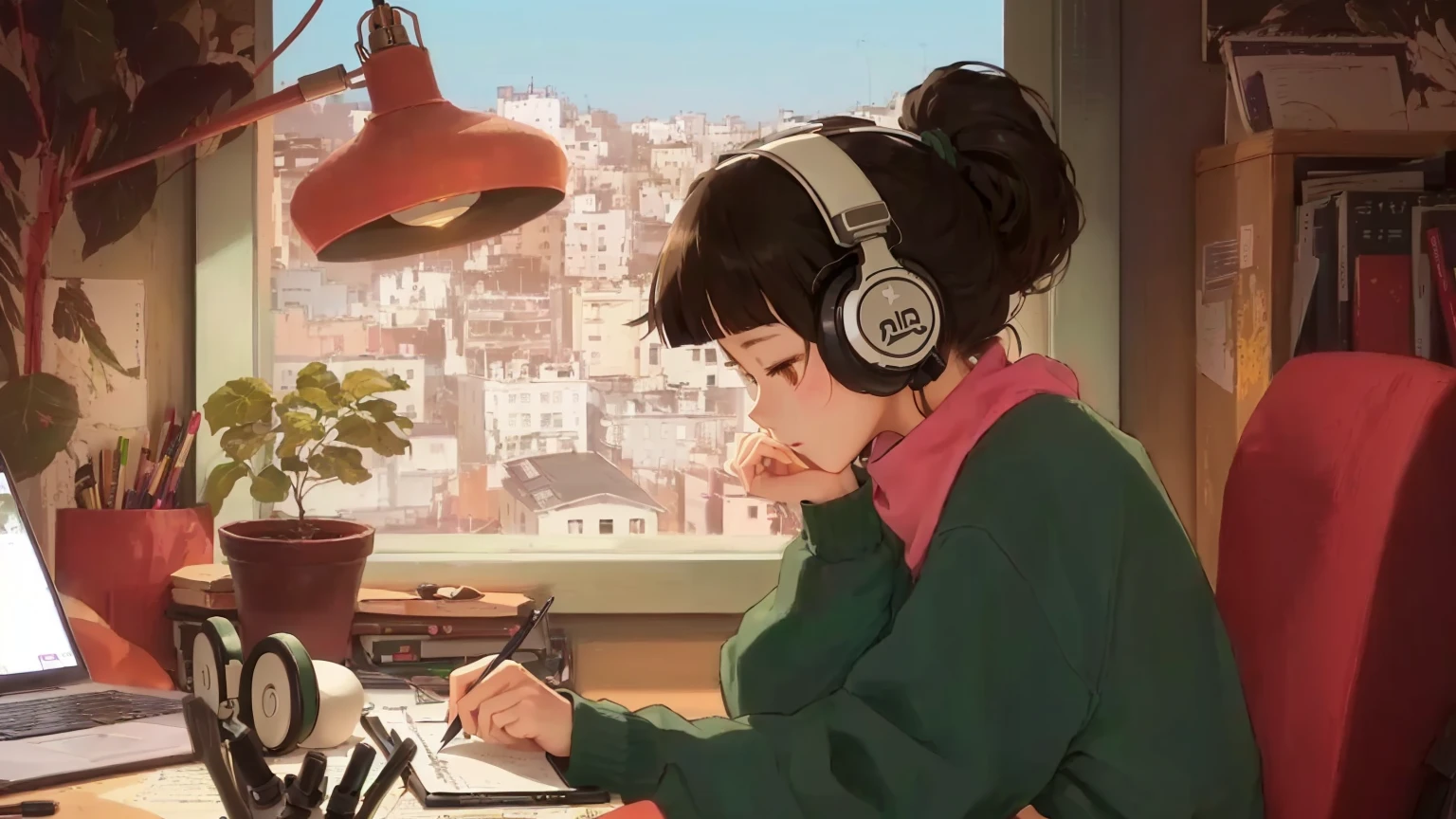 Anime girl sitting at a desk writing with headphones on, praise girl, praise artstyle, praise art, praise portrait, praise feel, praise girl aesthetic, praise colors, Atei Gailan Style, praise vibes, praise, praise hip hop, praise portrait at a window, praise vibe