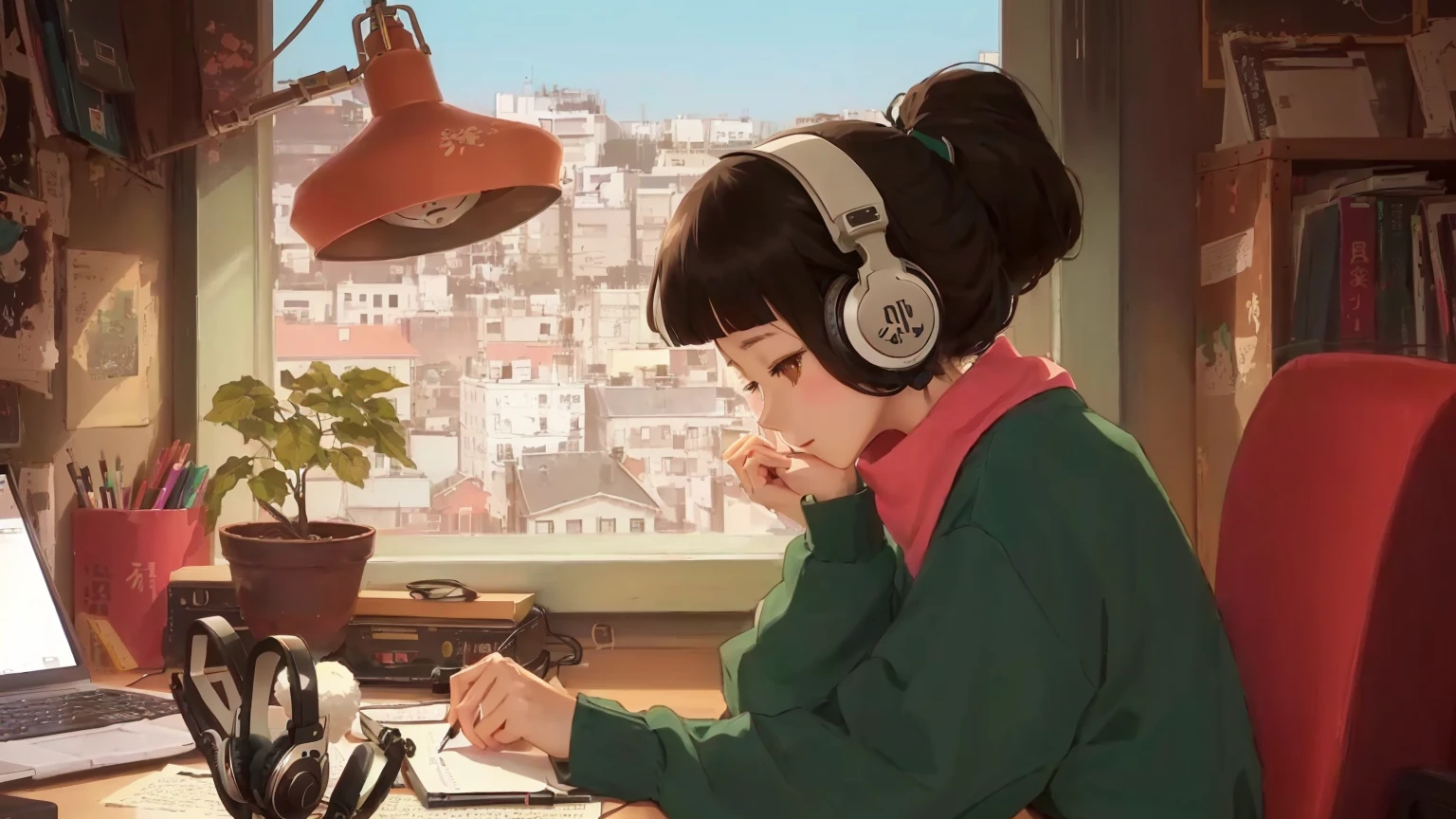 Anime girl sitting at a desk writing with headphones on, praise girl, praise artstyle, praise art, praise portrait, praise feel, praise girl aesthetic, praise colors, Atei Gailan Style, praise vibes, praise, praise hip hop, praise portrait at a window, praise vibe