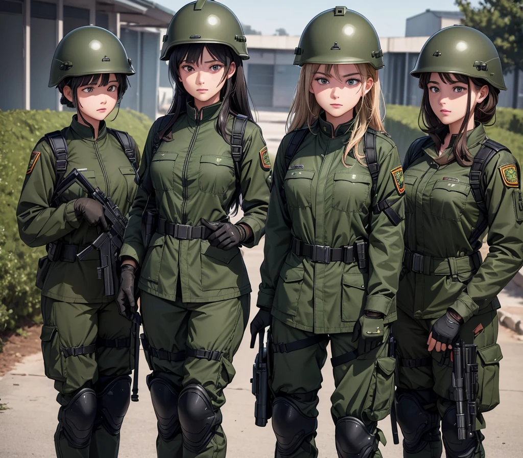 A group of female soldiers wearing dark green M-51 zippered military uniforms、Wear a steel helmet、wear gloves、Individual equipment set、Military Pants、Knee pads、Write details、masterpiece、best quality、Highly detailed CG、8K picture quality