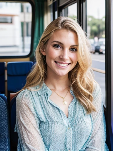 young blonde girl, very large nose, energetic, open blouse, summer clothes, relaxed in the bus, smirk, photographic style, close, looking at me