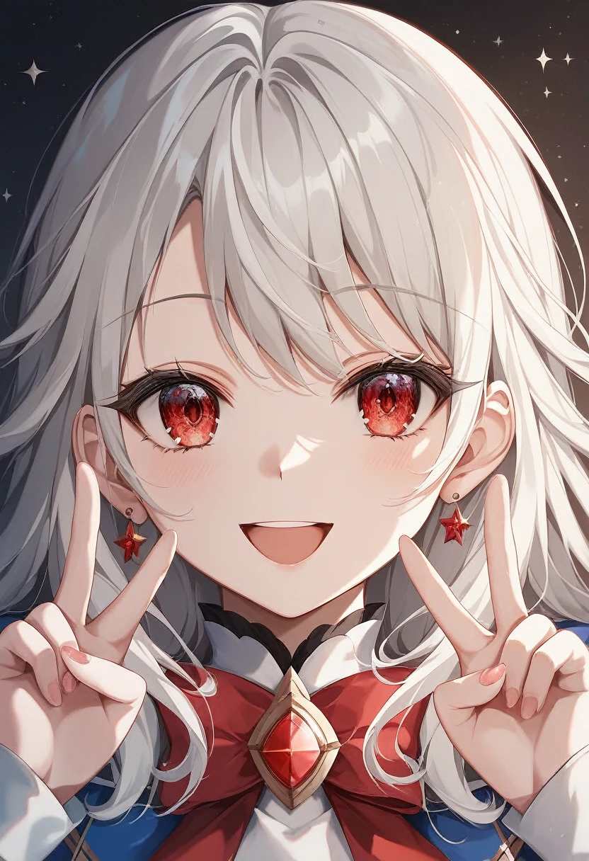 Fraction_9, Fraction_8_up, Fraction_7_up, (masterpiece, best quality, very aesthetic, Extremely detailed), Intricate details, 1 Girl, Ilyasviel von Eisbern, destiny \(series\), White hair, Red Eyes, Close one eye, open mouth, skirt, Double V, Smile,