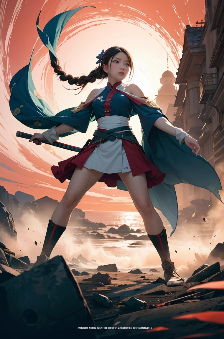 ultra high resolution,((masterpiece))),(((best quality))),((super detailed)),((extremely delicate and beautiful)),(wide shot, wide-angle lens,Panoramic:1.2),super vista,super wide Angle,Low Angle shooting,super wide lens,highly detailed,(masterpiece, top quality, best quality, official art, beautiful and aesthetic:1.2),(fractal art:1.2),
xuer ai yazawa style girl,1girl,solo,holding weapon,katana,floral print,looking at viewer,fighting stance,eastern dragon,braid,floral print,Ink,ink splatter,
(disgust:1.3),(full body:1.4),A shot with tension,(sky glows red,Visual impact,giving the poster a dynamic and visually striking appearance:1.2),Chinese Zen style,impactful picture,