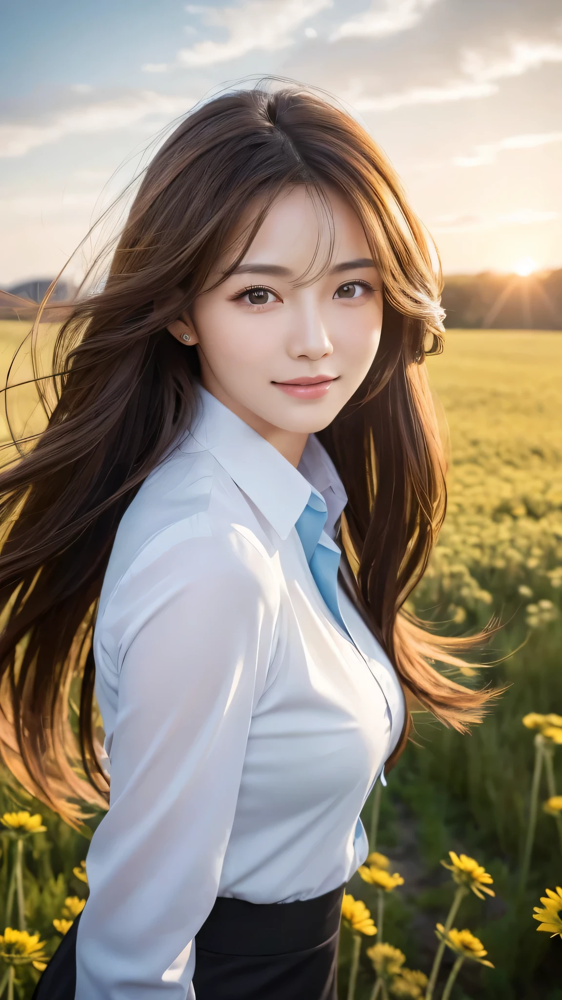 highest quality、genuine、Super detailed、finely、High resolution、8k wallpaper、one beautiful woman、、、light brown disheveled hair、wearing a business suit、sharp focus、perfect dynamic composition、beautiful and detailed eyes、thin hair、Detailed genuine skin texture、smile、model body shape、In a windswept meadow