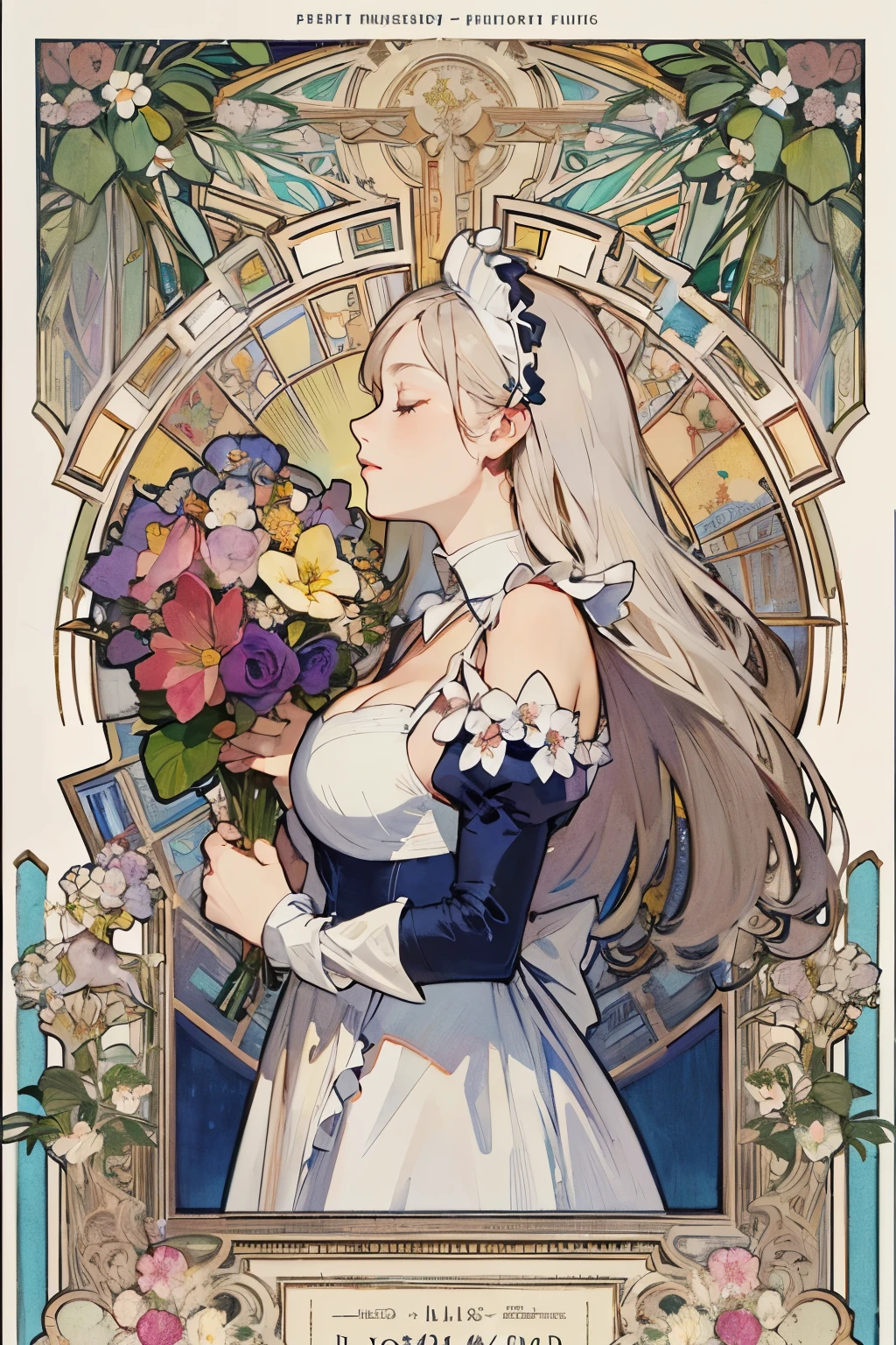 poster,(by mucha:1.2),((art deco, Botanical Art, Floral Art)),(floral:1.2),lily flower,
(masterpiece, highest quality),(vibrant colors, colorful),(amazing details, detailed background),anatomically correct, Accurate drawing, Detailed drawing, high-class sense, long hair:1.6, white hair, Cold Shoulder, closed eyes, (Open-chested maid outfit:1.5), big breasts, holding a flower in hand, Profile