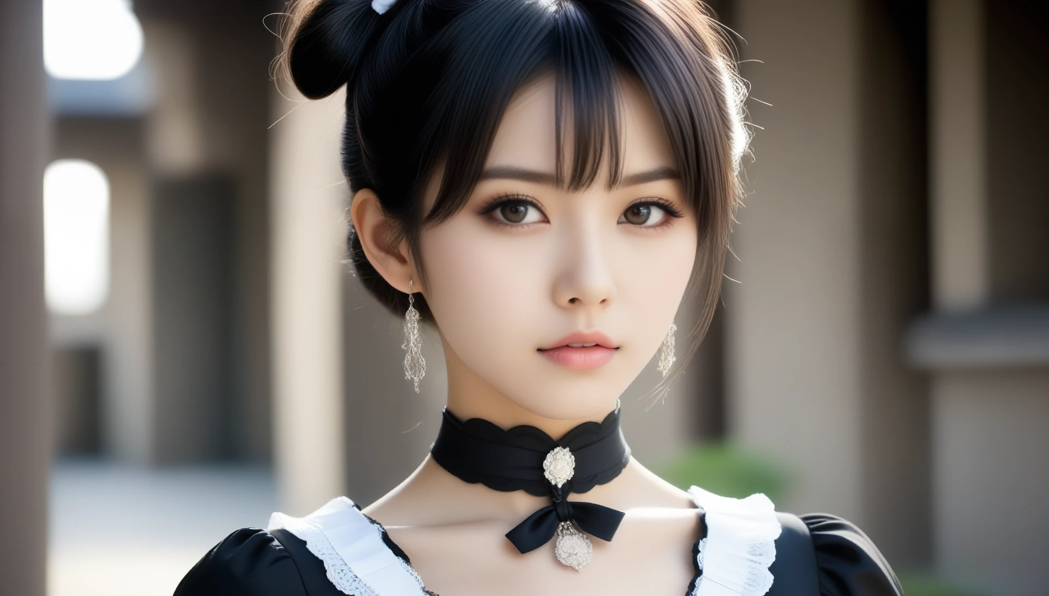 8k, Ultra-high resolution, Highest quality, masterpiece, 三分割法によるphotograph,Surreal, photograph, 1 Girl, (:1.3), pretty girl, Cute Face, Beautiful eyes in every detail, 細かくdetailedに,masterpiece,One Girl:1.2,Japanese female announcer,extream close up,Serious expression,Black short hair,Messy hair,Maid Android,((Fusion of Gothic Lolita and La fashion:1,bracelet, chest, choker, clavicle, Earrings,Futuristic cityscape ,Perfect and beautiful face ,完璧でCute Face, Skin with attention to detail, Perfect limbs、Narrow waist,Looking at the audience,(((Ideal body type))),Aカップの小さなchest :2,Portraiture:2,Perfect Anatomy,鮮明なdetailed,detailed,Surreal,Light and shadow,spotlight