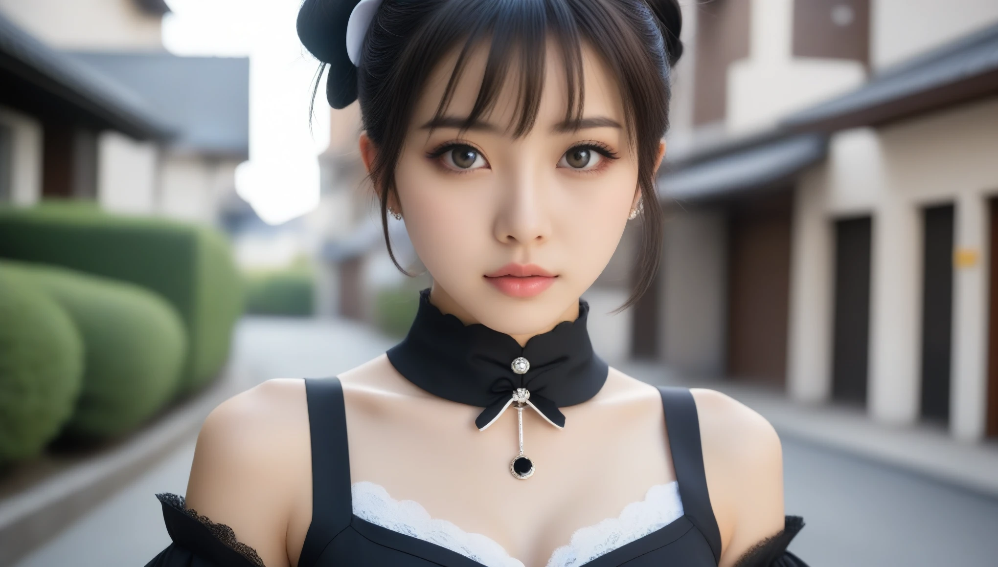 8k, Ultra-high resolution, Highest quality, masterpiece, 三分割法によるphotograph,Surreal, photograph, 1 Girl, (:1.3), pretty girl, Cute Face, Beautiful eyes in every detail, 細かくdetailedに,masterpiece,One Girl:1.2,Japanese female announcer,extream close up,Serious expression,Black short hair,Messy hair,Maid Android,((Fusion of Gothic Lolita and La fashion:1,bracelet, chest, choker, clavicle, Earrings,Futuristic cityscape ,Perfect and beautiful face ,完璧でCute Face, Skin with attention to detail, Perfect limbs、Narrow waist,Looking at the audience,(((Ideal body type))),Aカップの小さなchest :2,Portraiture:2,Perfect Anatomy,鮮明なdetailed,detailed,Surreal,Light and shadow,spotlight