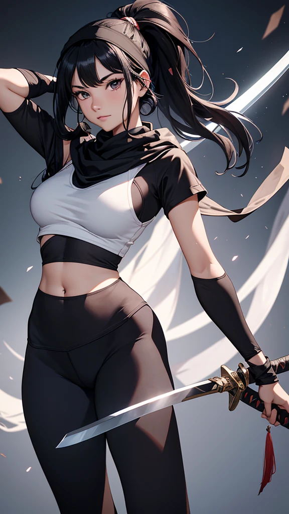 CG, Unity, 8k, wallpaper, Highest quality, masterpiece, Lovely lady, 18-year-old, Black Hair, ponytail,White skin, black ninja costume, (leggings:1.3), (Realistic:1.2), Complex pupil, Intricate weaving,bandana,(holding a sword in one hand:1.2)