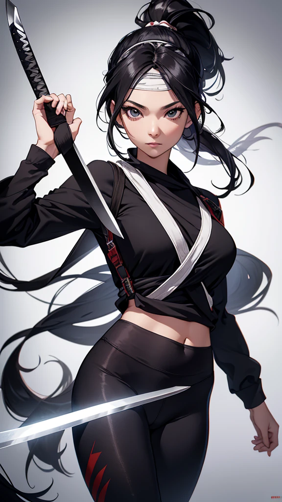 CG, Unity, 8k, wallpaper, Highest quality, masterpiece, Lovely lady, 18-year-old, Black Hair, ponytail,White skin, black ninja costume, (leggings:1.3), (Realistic:1.2), Complex pupil, Intricate weaving,bandana,(holding a sword in one hand:1.2)