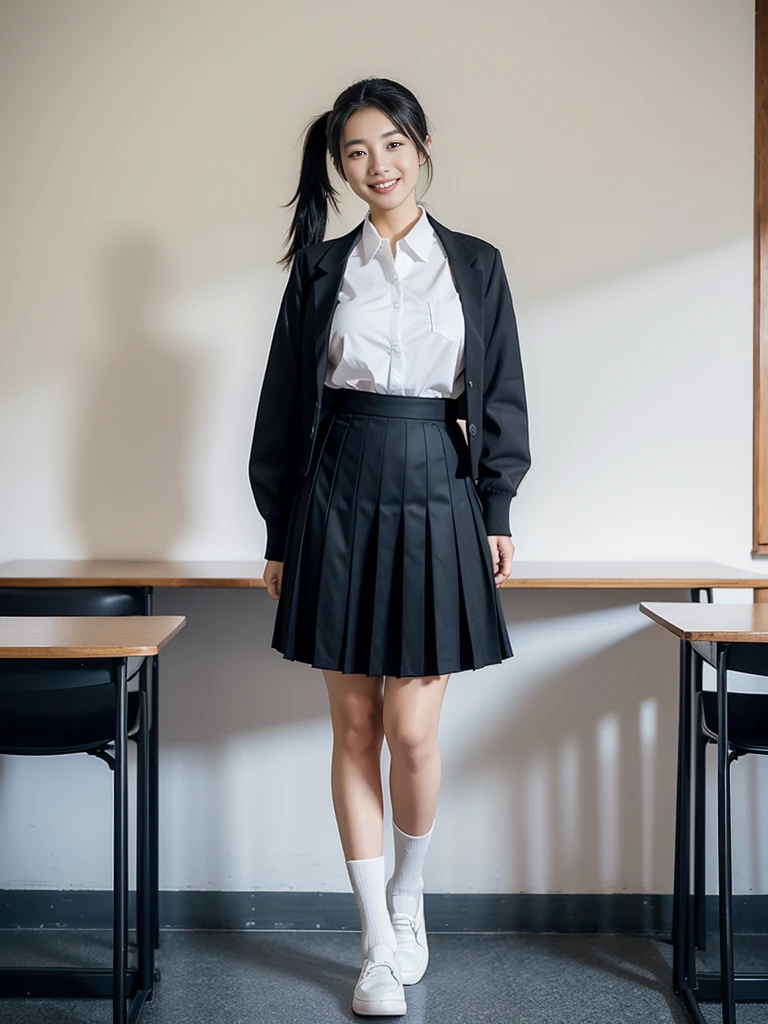 Young Face 18-year-old Black Hair ponytail Japanese school girl uniform White shirt Ultra mini skirt standing full body portrait Big breasts Crisp, clear images from fingertips to toes 5 fingers each, beautiful smile Looking down School Schoolの教室 In the classroom Whole body Shoes are black loafers One girl, High resolution, smile, Highest quality, Ultra high definition, Simple Background, Feet in frame,