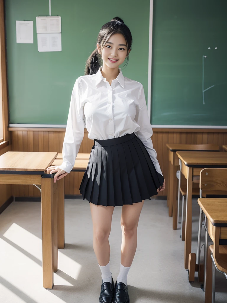 Young Face 18-year-old Black Hair ponytail Japanese school girl uniform White shirt Ultra mini skirt standing full body portrait Big breasts Crisp, clear images from fingertips to toes 5 fingers each, beautiful smile Looking down School Schoolの教室 In the classroom Whole body Shoes are black loafers One girl, High resolution, smile, Highest quality, Ultra high definition, Simple Background, Feet in frame,