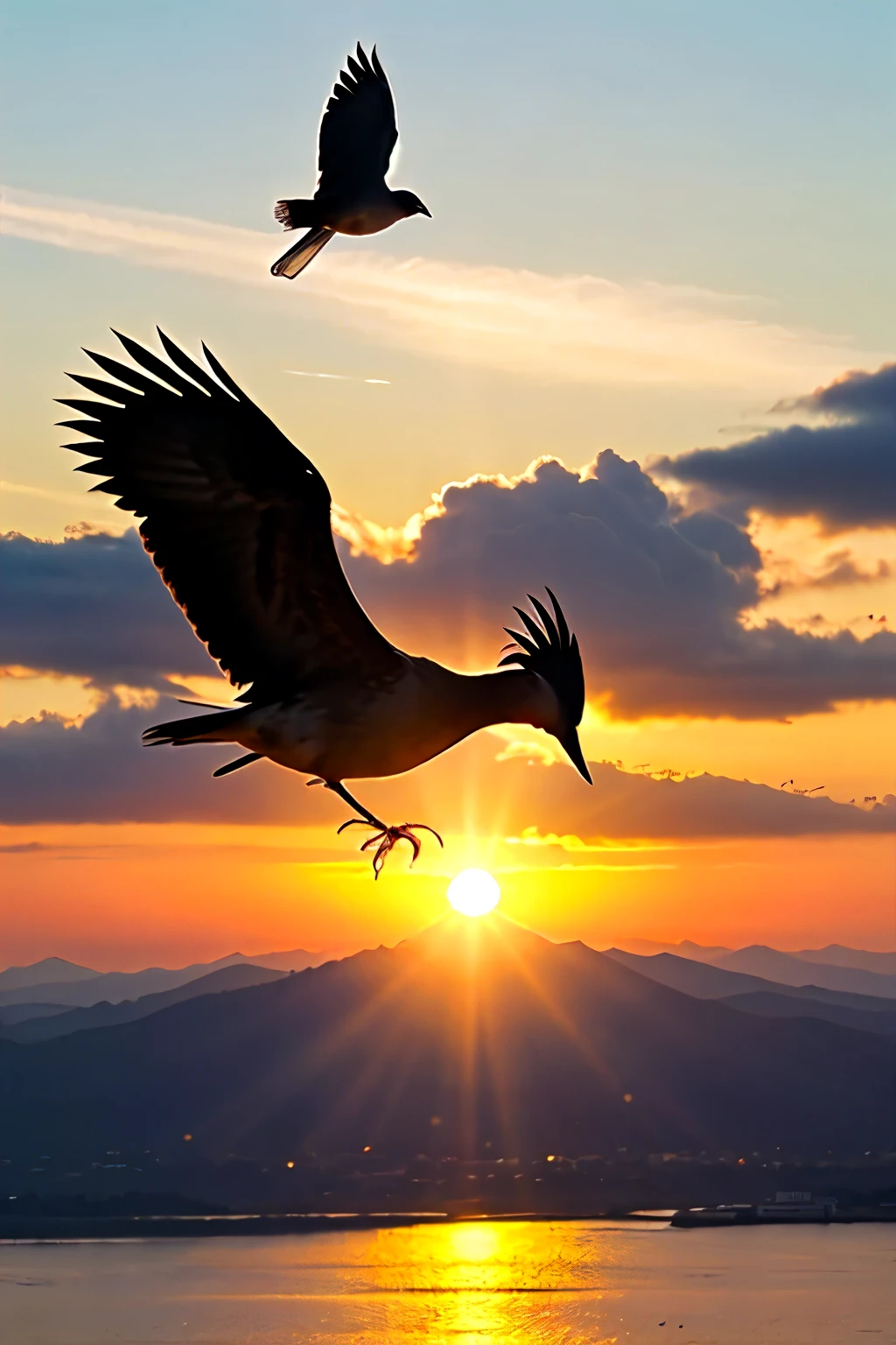 Show the morning time. Two birds are seen flying in the sky. The golden rays of sunrise are spreading all around.