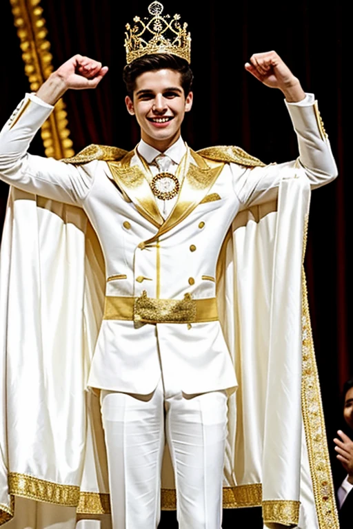  Young cute handsome man competes mister of beauty beautiful face skinny white suit and gold cape winning crown the public applauds him and celebrates
