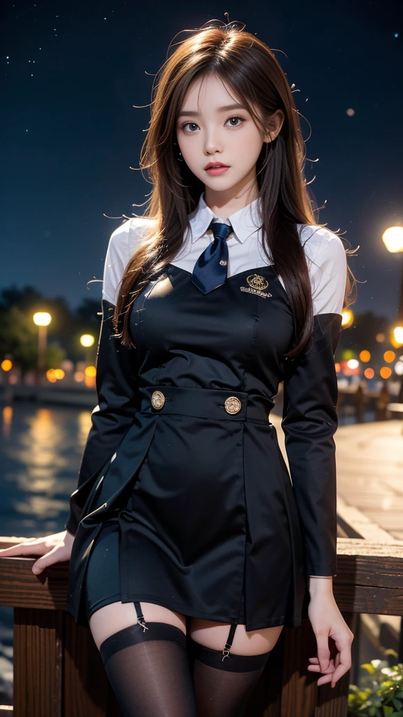 ulzzang-6500-v1.1, (RAW photo: 1.2), (Real photo), (Real photo: 1.4), 1 girl、Perfect anatomy、20 years old、Looking at the camera、Medium length hair、uniform dress, skirt, in a surreal royal garden, under the starry night, ((starry night: 1.1))、(Surreal tights: 1.2), (Business service)、Asian eyes Ella,