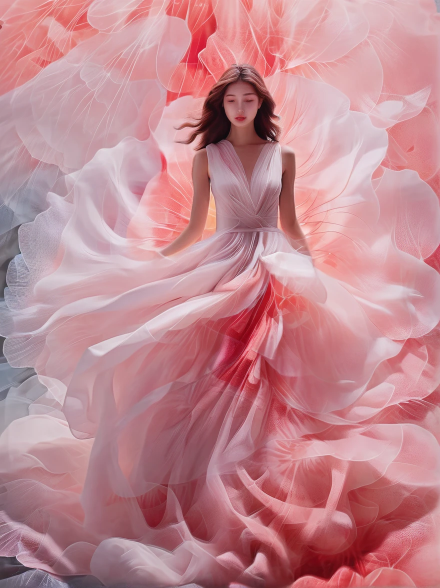 1 girl full height, beautiful curve of the figure, petal skirt,long hem of the dress, smoke-like, Pattern of regular petals, Long hair blowing in the wind, developed sense, fashion, photography, Looping a video, Mesmerizing Movement, Immersive visuals, Seamless blend, Captivating storytelling, vortex, Angular shapes, dynamic movement, Bold geometry, Fragmented Forms, Striking contrasts, modernist influence, nature, history, современное Art, amazing, Unreal background, Art (Alessio Albi: soft lighting, Happy Emotions,(Close-up, Focus on face), (фрактальное Art) extremely detailed, the most beautiful form of chaos, elegant, brutalist developed, bright colors, romanticism, details in the fog,

