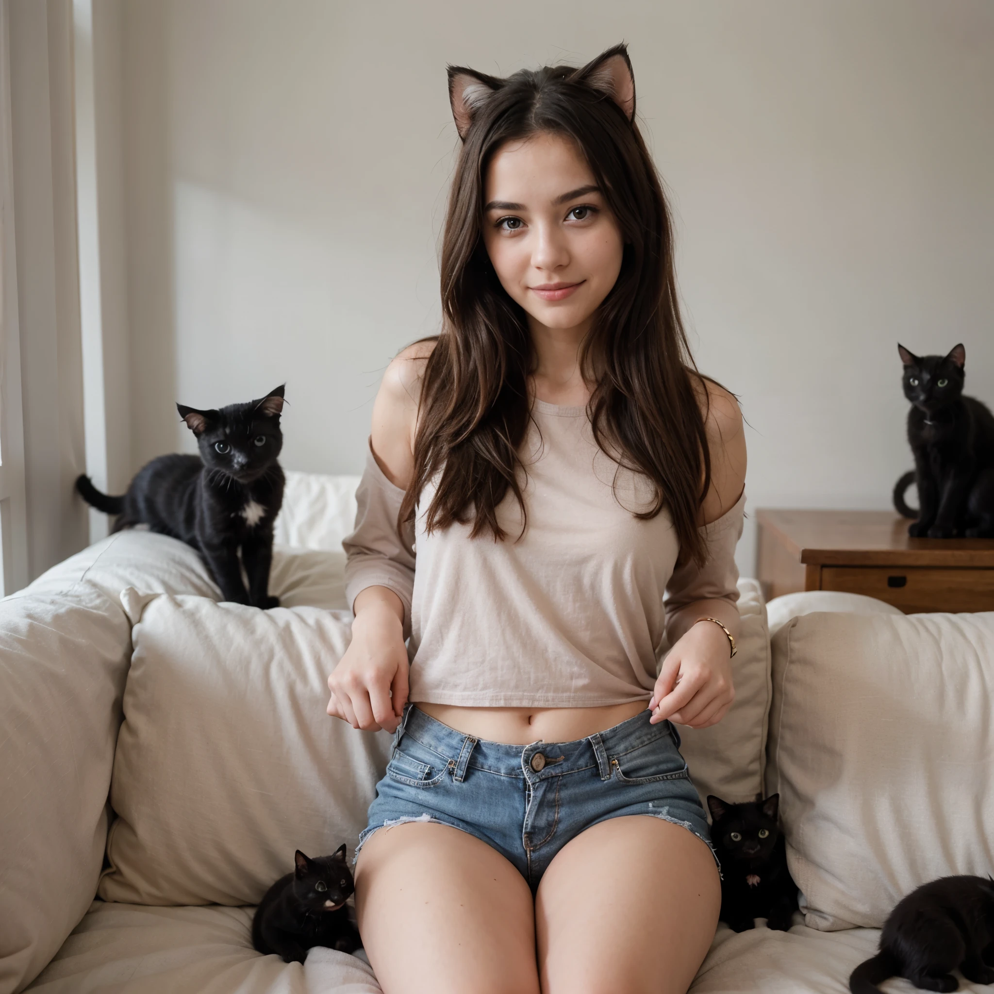 A girl,casual clothes,beautiful hair,very cheerful,In the background there are two black kittens playing