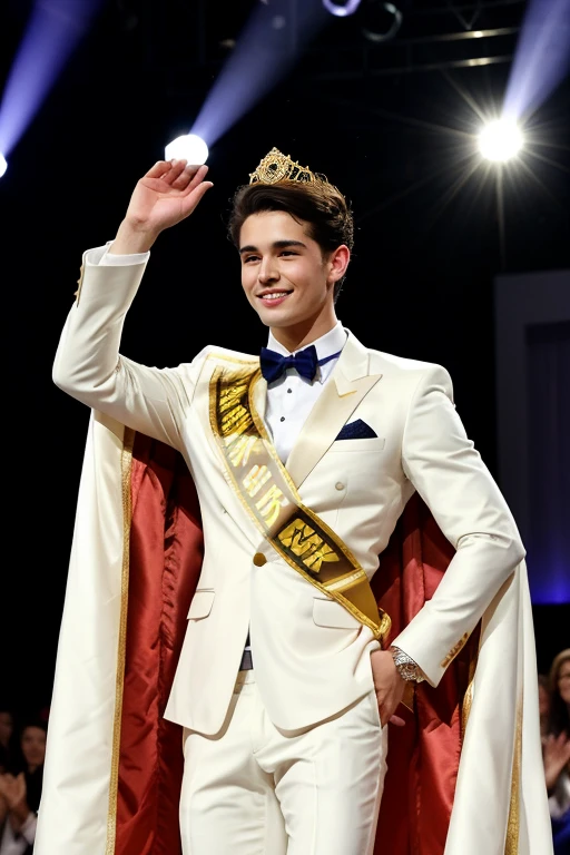  Young cute handsome man attends mister of beauty beautiful face skinny white suit and gold cape winner of crown the public applauds and celebrates him