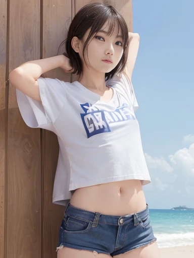 Japanese female, (underweight), (flat chest best quality:1.5),
beach, standing, short hair, (t-shirt), (While taking off my T-shirt:1.6), (swimsuit), cowboy shot, (from behind), ground-level shot