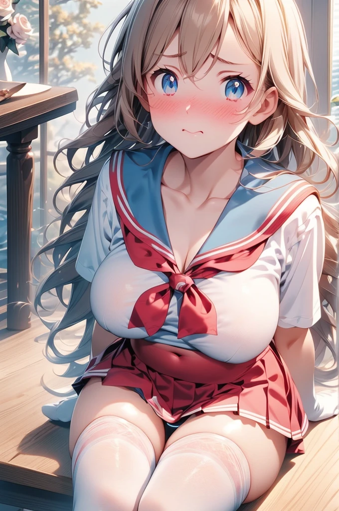 A beautiful girl sitting on a chair showing her panties, she lifts her skirt with her hands and showing them, (skirt lift:1.4), (presenting panties:1.8), red , ((Sailor suit tops, Sailor collar, White shirt, pleated mini skirt:1.3), (Knee-high socks:1.3):1.3), panties, (lace light blue panties:1.45), school classroom, Desk and chair in the background, big rounds breasts, (Beautiful and big breasts:1.3), dark brown hair, swept bangs, long hair, wavy hair, ponytail, expressive hair, shiny hair, hairclip, aqua eyes, (gradient eyes:1.3), glowing eyes, pupils sparkling, blush, bright pupils, glossy lips, embarrassed, (Very embarrassed look:1.5), slim waist, shapely legs, beautiful thighs, whole body, Angle from the front, from above, POV, anime CG style, high definition, natural light, high detail, anime, dithering, image fill, perspective, Wide-Angle, f/1.8, 85mm, Sony FE GM, 8k, 8k wallpaper, super detail, highly detailed CG, UHD, retina, masterpiece, accurate, anatomically correct, textured skin, highres, best quality:1.3, 16k