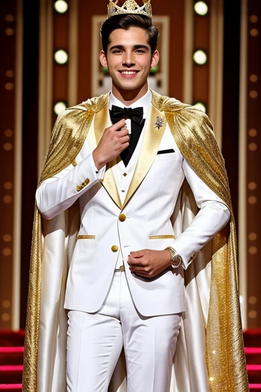 Young cute handsome man attends mister of beauty beautiful face skinny white suit and gold cape winner of crown the public applauds and celebrates him