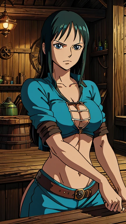 (1girl, nico robin), (extremely detailed CG unit 8k wallpaper),(master part), (best quality), (ultra detail), (best illustration),(ghibli style), cowboy shot, (Sharp eyeliner, ombre, detail eyes:1), dark tavern interiors background, ,break , (salvagepirateworld), upper body,