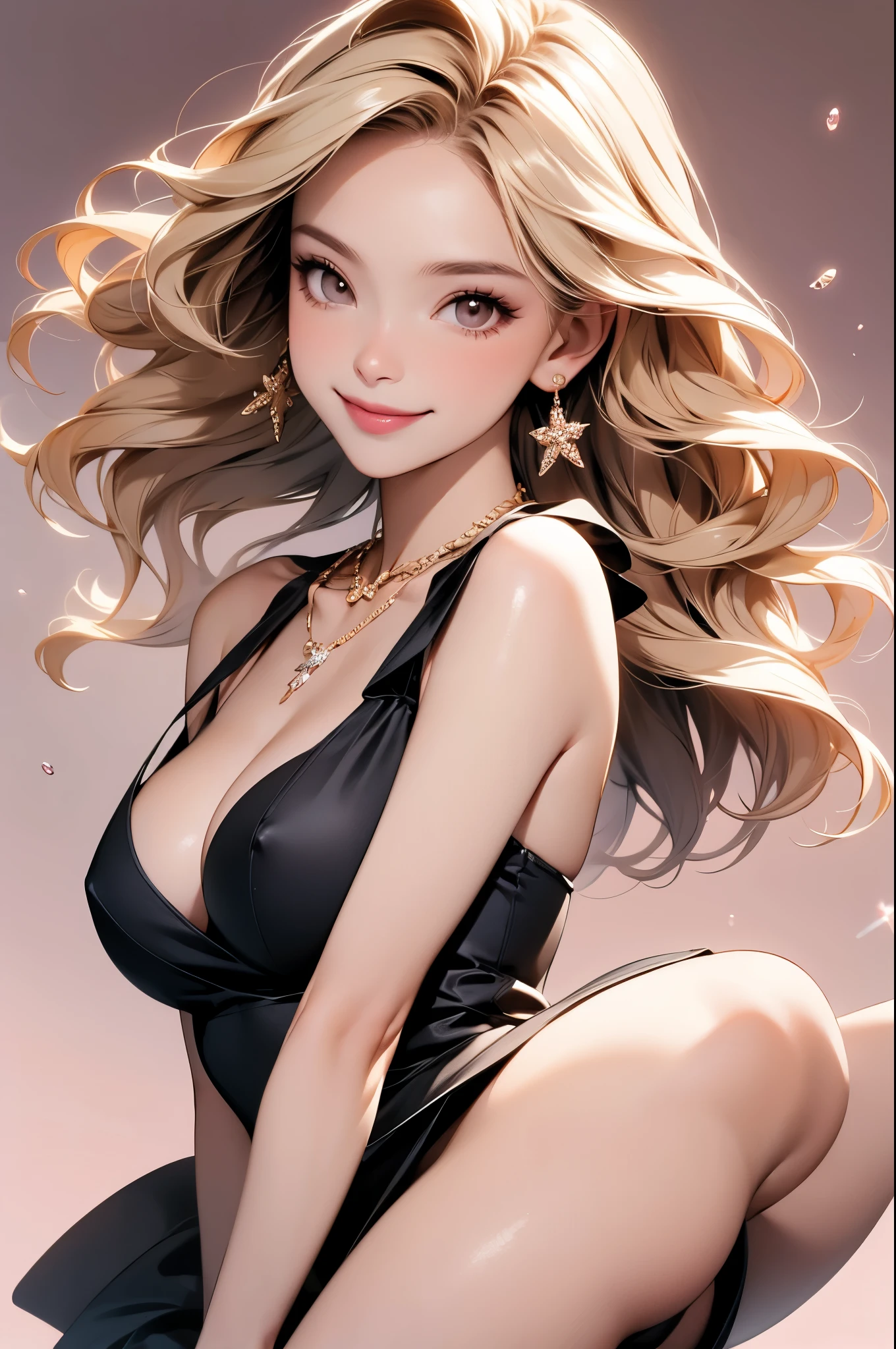 full body,high resolution,smile,woman,woman1人,adult,Clear,cute, Blonde Hair,BREAK, Brown eyes,BREAK,
Hostess,Black Dress,Diamond Necklace,BREAK,
Facing forward,BREAK,Pink background,