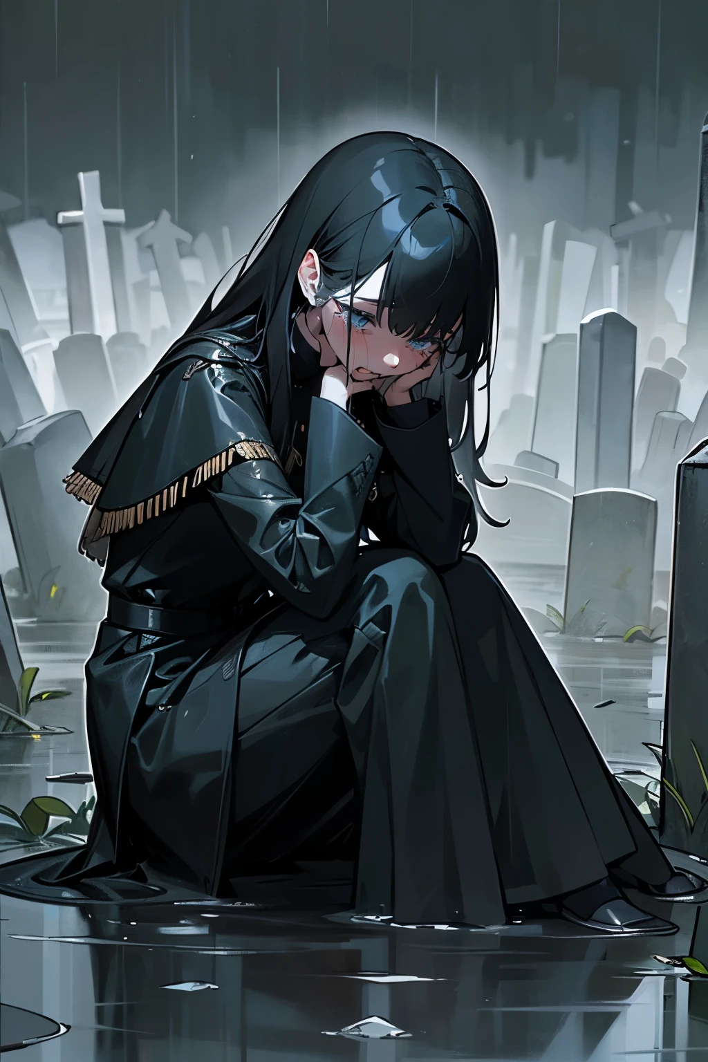 A slender girl with black hair and wearing black clothes is crying in the rain, Tears streamed down her face, Crying in the mud, sitting open-mouthed in the cemetery crying, The best knight soldier, Black Theme.