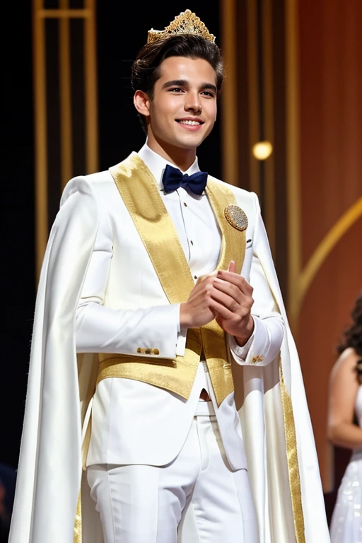 Young cute handsome man attends mister of beauty beautiful face skinny white suit and gold cape winner of crown the public applauds and celebrates him