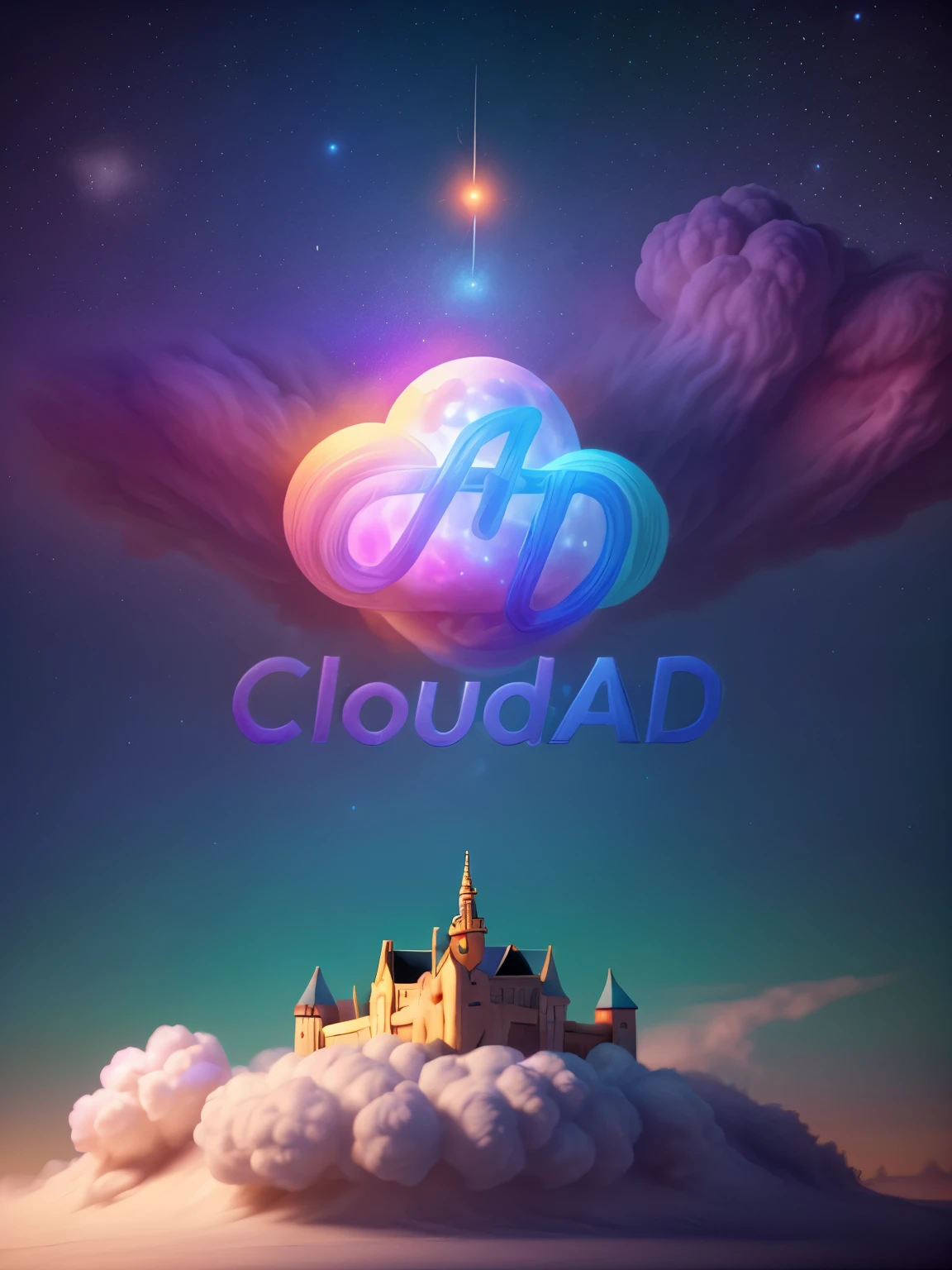 cloudad word, bright color, a stunning astronaut in galaxy, cute astronauts, in a dreamlike cosmic landscape, castle, unicorn, hyper detailed, 8k, 3d render, Disney lighting, dreamy composition, glowing nebulae, swirling cosmic clouds, shimmering stars, vivid colors, happiness atmosphere