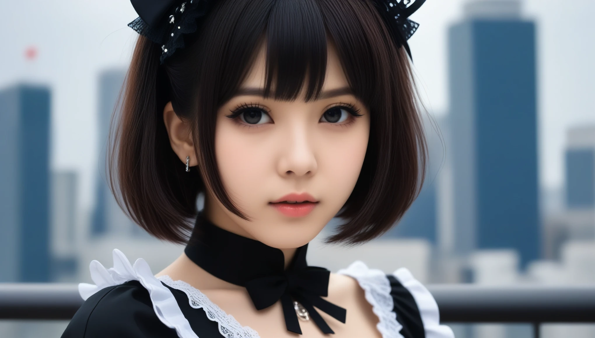 8k, Ultra-high resolution, Highest quality, masterpiece, 三分割法によるphotograph,Surreal, photograph, 1 Girl, (:1.3), pretty girl, Cute Face, Beautiful eyes in every detail, 細かくdetailedに,masterpiece,One Girl:1.2,Japanese female announcer,extream close up,Serious expression,Black short hair,Messy hair,Maid Android,((Fusion of Gothic Lolita and La fashion:1,bracelet, chest, choker, clavicle, Earrings,Futuristic cityscape ,Perfect and beautiful face ,完璧でCute Face, Skin with attention to detail, Perfect limbs、Narrow waist,Looking at the audience,(((Ideal body type))),Aカップの小さなchest :2,Portraiture:2,Perfect Anatomy,鮮明なdetailed,detailed,Surreal,Light and shadow,spotlight