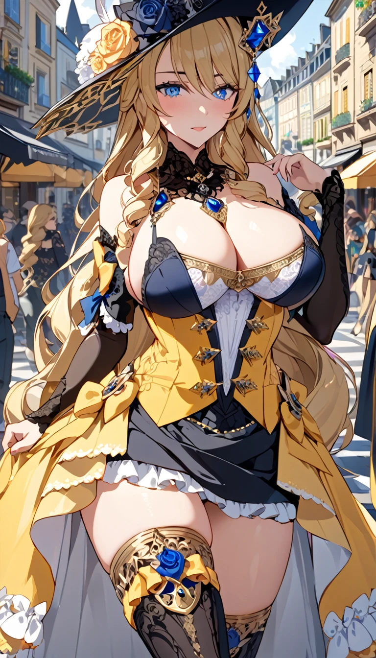 A beautiful 28-year-old woman, Navia, wearing sexy lingerie, stands in a crowded French city, hyper detailed huge breasts and ultra detailed features rendered in the best quality, 4K masterpiece.