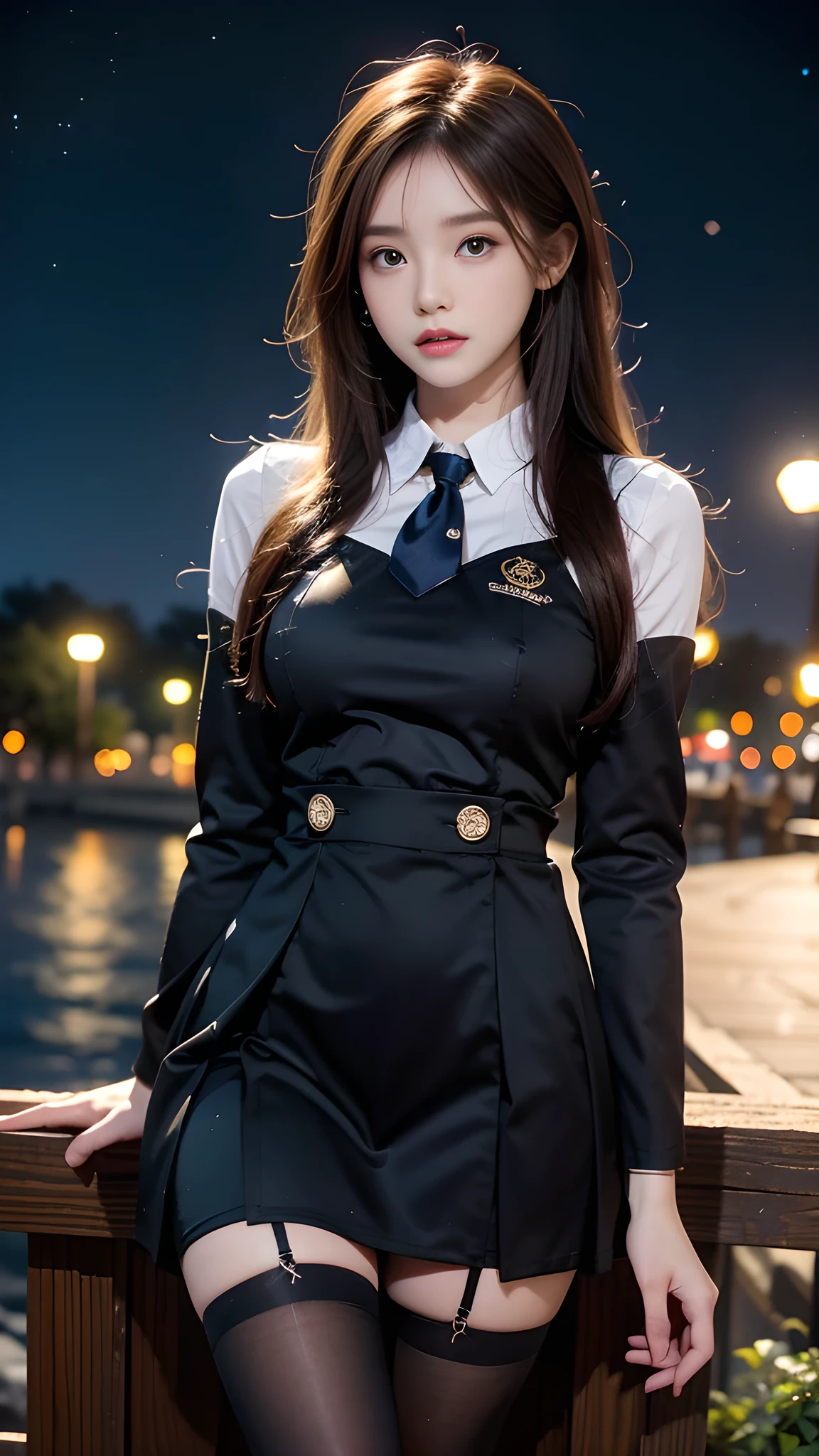 ulzzang-6500-v1.1, (RAW photo: 1.2), (Real photo), (Real photo: 1.4), 1 girl、Perfect anatomy、20 years old、Looking at the camera、Medium length hair、uniform dress, skirt, in a surreal royal garden, under the starry night, ((starry night: 1.1))、(Surreal tights: 1.2), (Business service)、Asian eyes Ella,