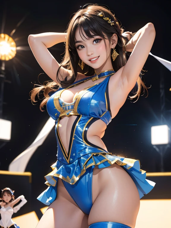 (Highest quality、 8k 、masterpiece、High resolution)、(Dancer)、Full Body Shot、15 year old girl、Idol Group、cute、Dancing with a smile、Outdoor Stage、AKB48 Costumes、Realistic、Official Art、Detailed CG、Professional Lighting、Professional photographer、(Depth of written boundary:1.3)、