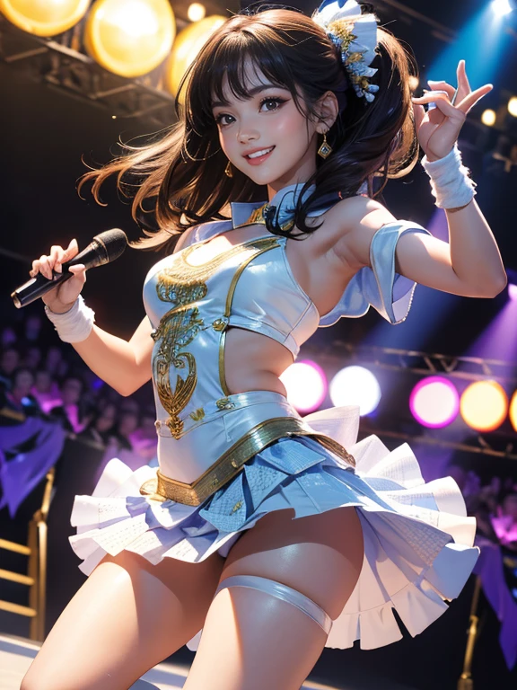 (Highest quality、 8k 、masterpiece、High resolution)、(Dancer)、Full Body Shot、15 year old girl、Idol Group、cute、Dancing with a smile、Outdoor Stage、AKB48 Costumes、Realistic、Official Art、Detailed CG、Professional Lighting、Professional photographer、(Depth of written boundary:1.3)、