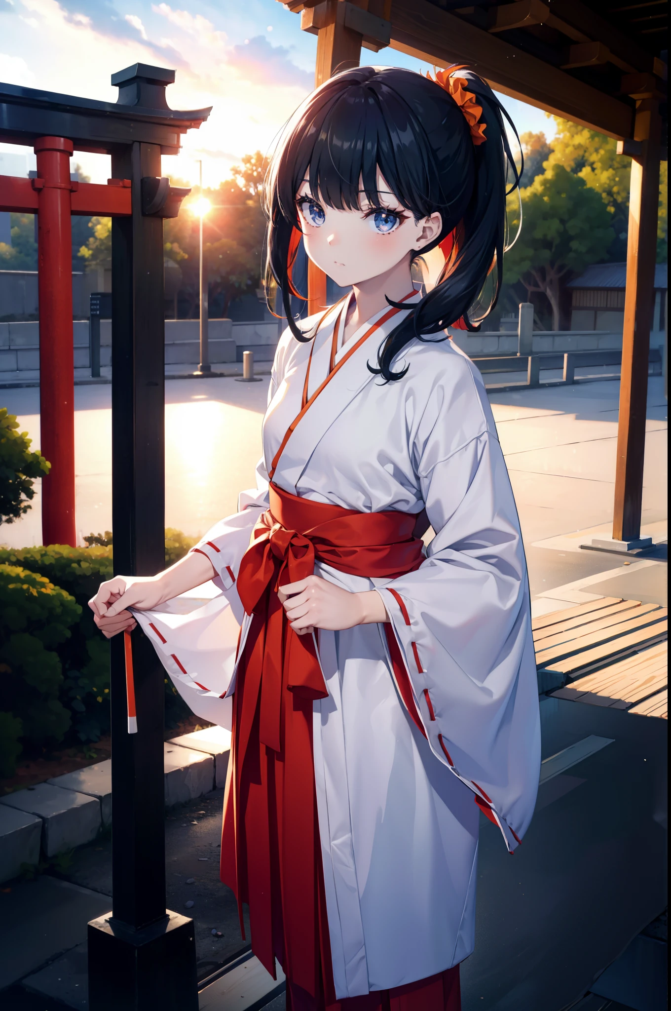 Rikka body, Black Hair, blue eyes, Long Hair, orange Scrunchie, Scrunchie, wrist Scrunchie,White Kimono, kimono,Red Hakama,White tabi,Sandals Wide Sleeve, Long sleeve, Ribbon-trimmed sleeves, Blunt bangs, Low ponytail, Are standing,whole bodyがイラストに入るように,sunset,evening,The sun is setting,
break indoors, shrine,torii,
break looking at viewer, whole body,
break (masterpiece:1.2), Highest quality, High resolution, unity 8k wallpaper, (figure:0.8), (Beautiful attention to detail:1.6), Highly detailed face, Perfect lighting, Highly detailed CG, (Perfect hands, Perfect Anatomy),