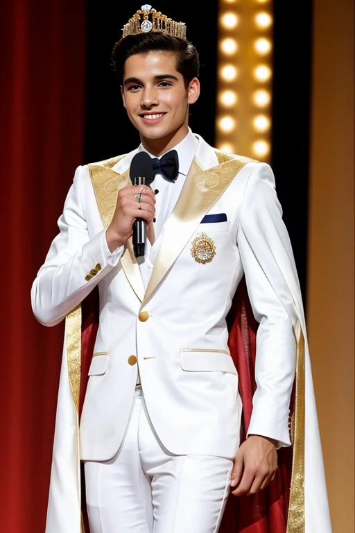 Young cute handsome man attends mister of beauty beautiful face skinny white suit and gold cape winner of crown the public applauds and celebrates him